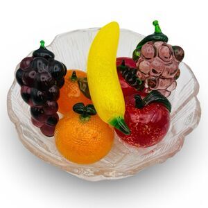 7 Art Glass Fruit 2 Oranges 2 Apples 2 Grapes 1 Banana Vintage
